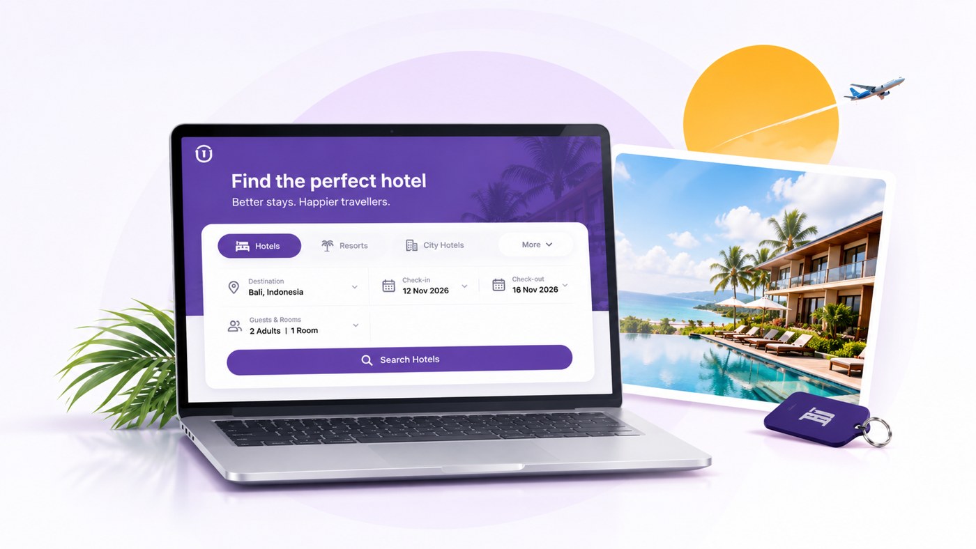 Hotel search on a laptop with a beach resort photo